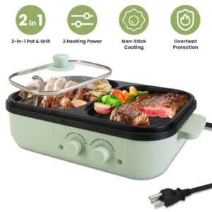 1Pc Electric Hot Pot With Grill 2-in-1 Hot Pot And Frying Pan Portable Non-Stick Pot And Griddle Electric Cooker Pot With Glass Lid Fast Heating For 1-2 People BBQ Steaks Noodles