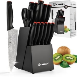 Damascus Pattern 15-Piece Kitchen Knife Set With Block, High Carbon Steel Chef Knife, Includes Sharpener And Scissors, Ergonomic Black Anti-Slip Handle And Red Trim, Perfect For Professionals